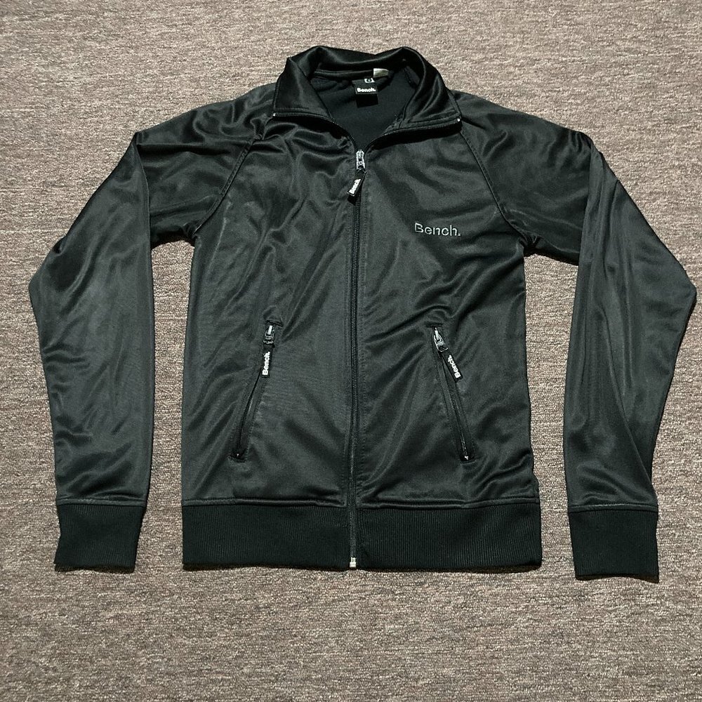 Bench Full Zip Track Jacket Embroidered Spellout Black Grey Zipper Pockets Small